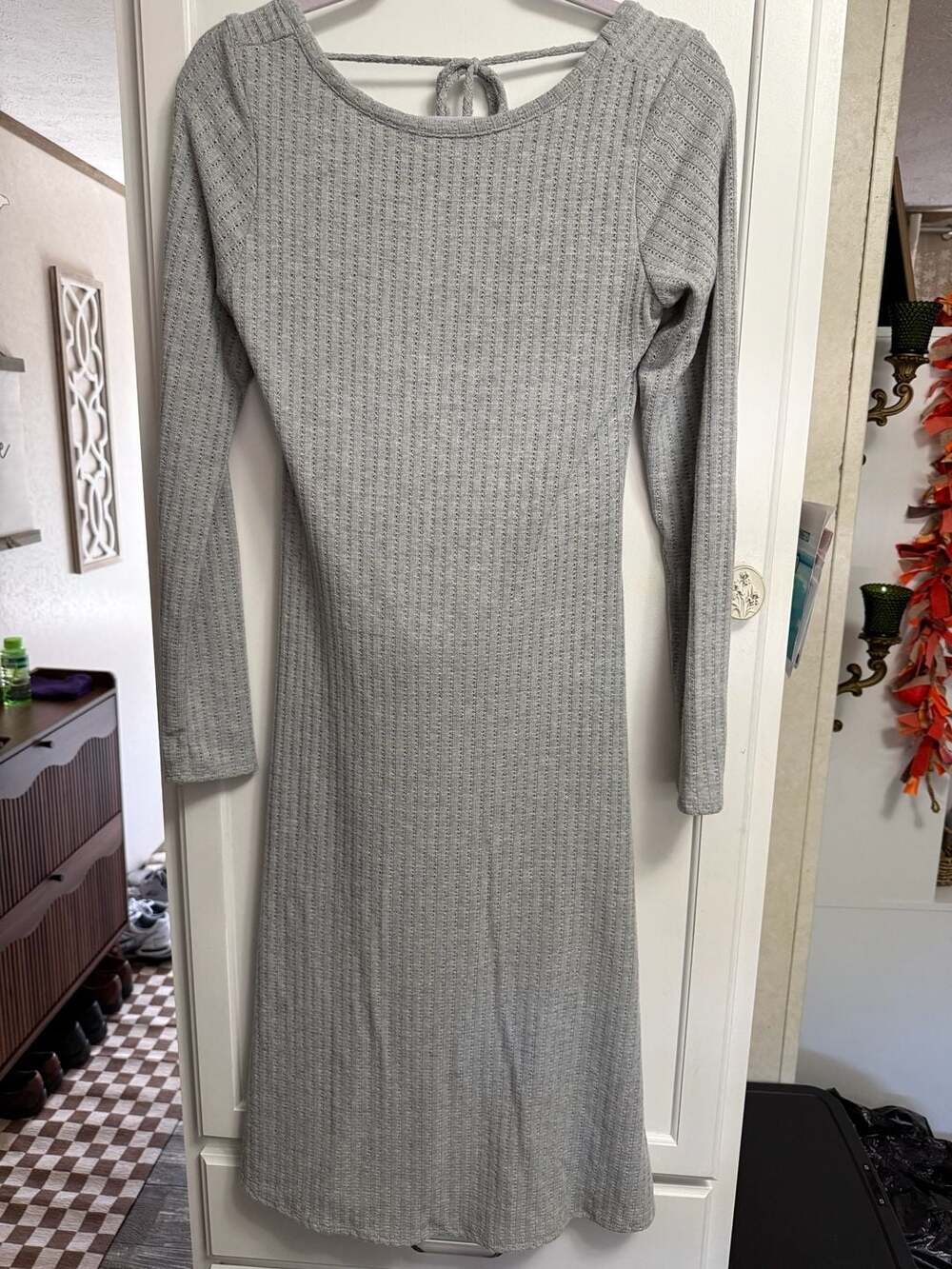See You Monday Los Angeles Gray Ribbed Knit Long Sleeve Midi Dress with Back Tie